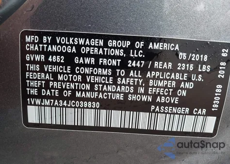 2018 Volkswagen Passat 3.6L V6 Gt z USA, uszkodzony, nr VIN 1VWJM7A34JC039830